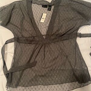 Gray Wrap Blouse with V-Neck and Tie Front